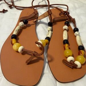 Brown Leather Beaded Sandals